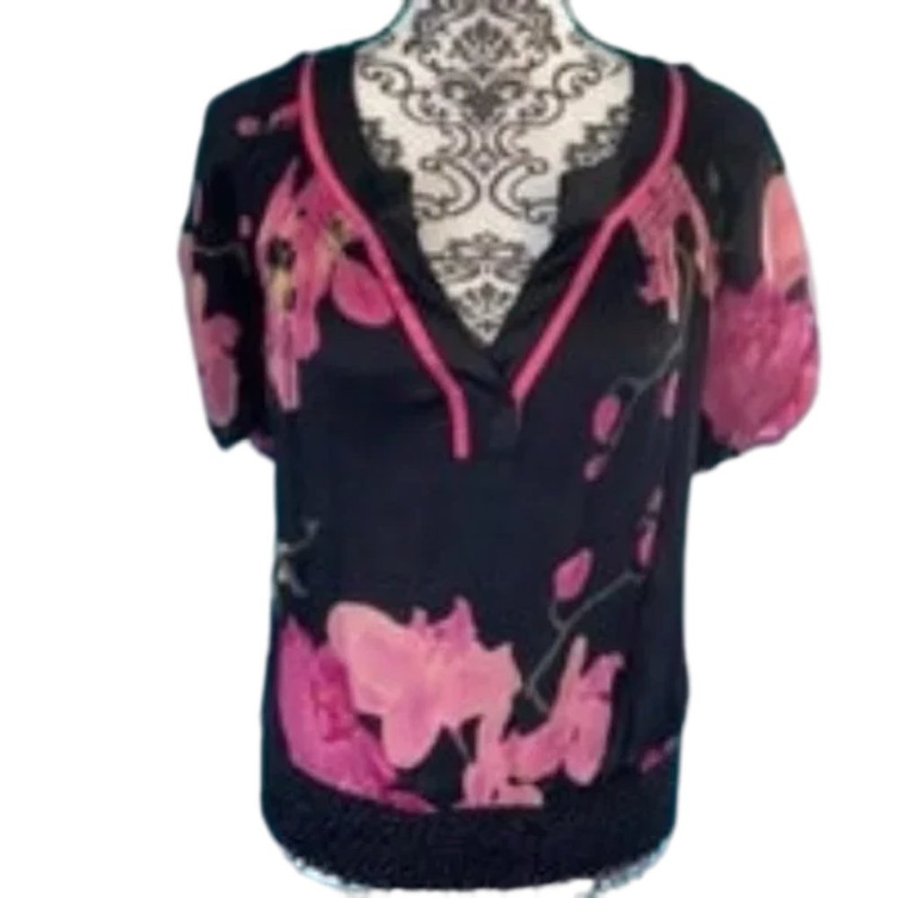 Bebe Floral Low Cut Silk Blouse Top
